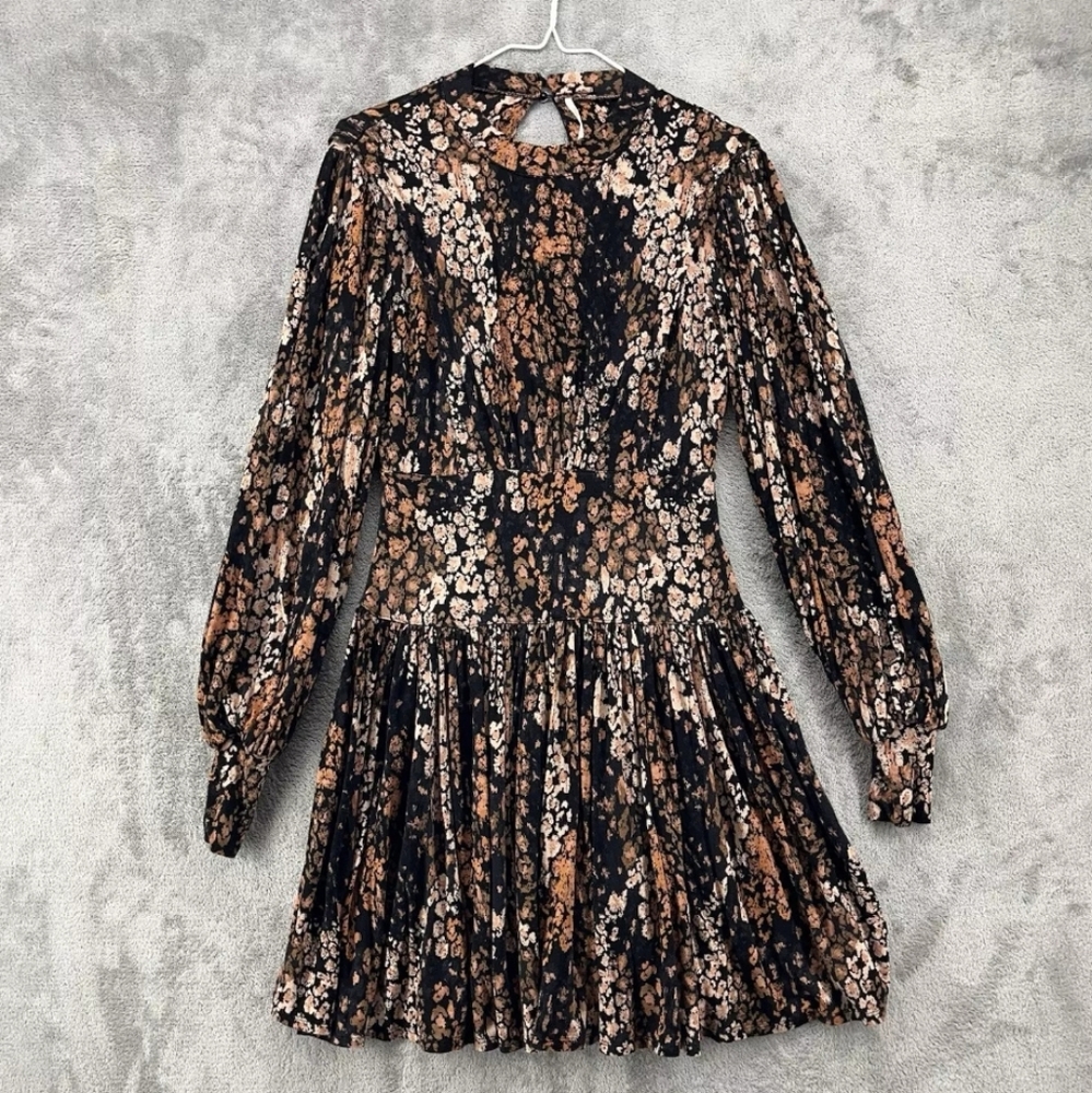 Free People Black and Pink Ruffled Wrap Dress with 3/4 Bishop Sleeves
